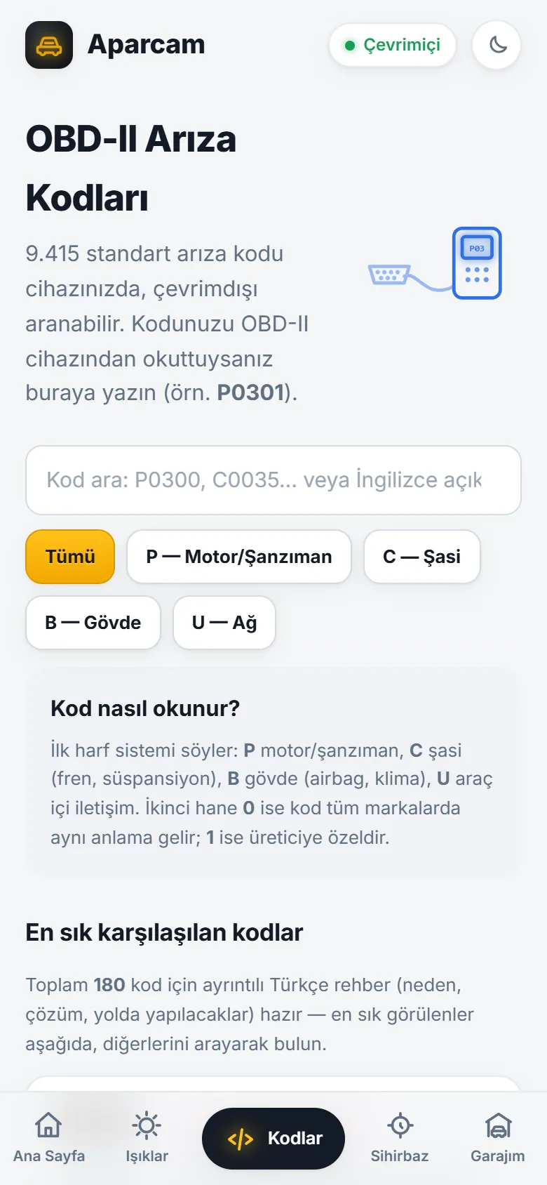Aparcam arıza kodları ekranı