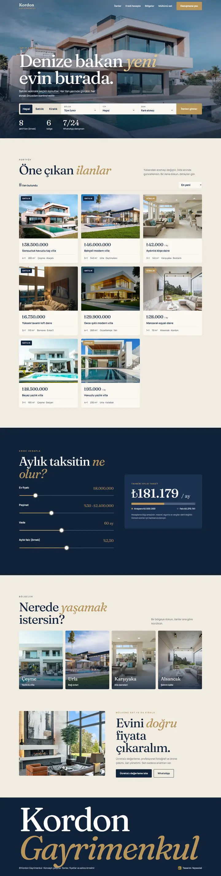 Kordon Gayrimenkul web sitesinin tam sayfa görünümü